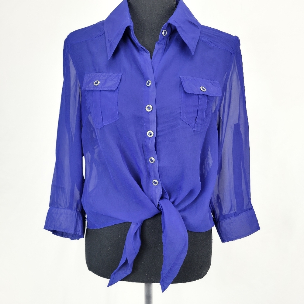 🔥 (5for$35) Poetry Sheer Blue Button-Up Blouse Tie Front Size Large
